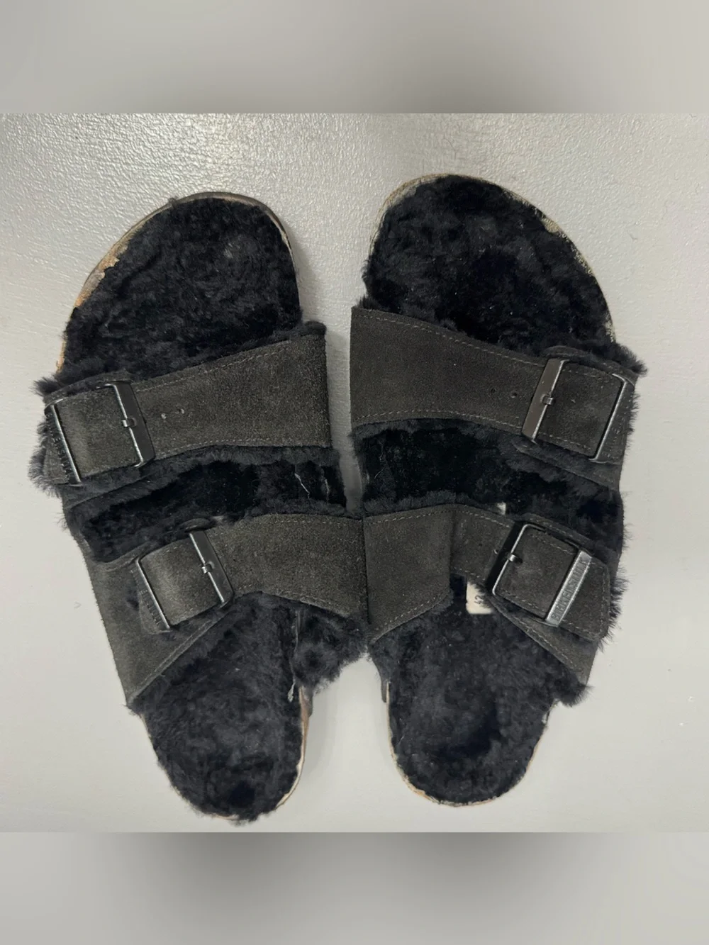 Birkenstock Black Shearling Suede Arizona Slide Sandals